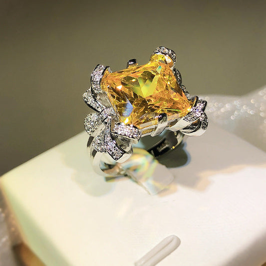 Luxury Diamond Yellow Princess Square Ice Flower Rings