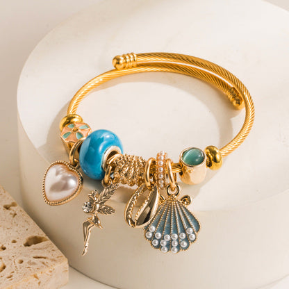 Alloy Gold Adjustable Pearl Shell Bangle Love Stainless Bracelets