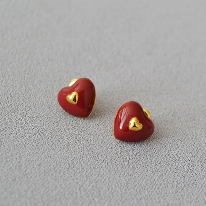 Simple Enamel Drip Glazed Heart Brass Gold Earrings
