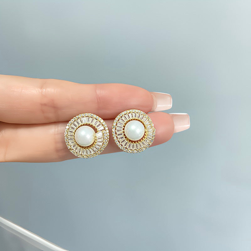 Women's Needle Personality Fashion Micro Inlaid Zircon Irregular Round Pearl Earrings