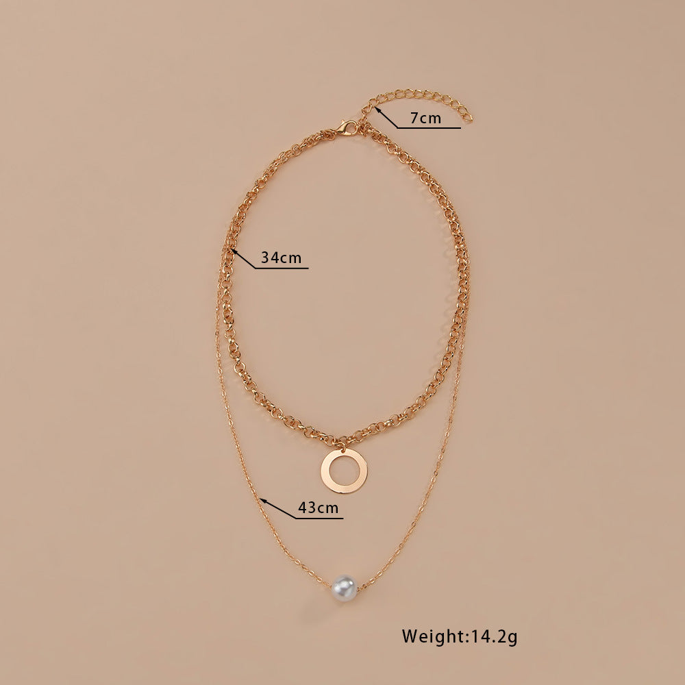 Women's Personality Geometry Hoop And Pearl Pendant Stacked Necklaces