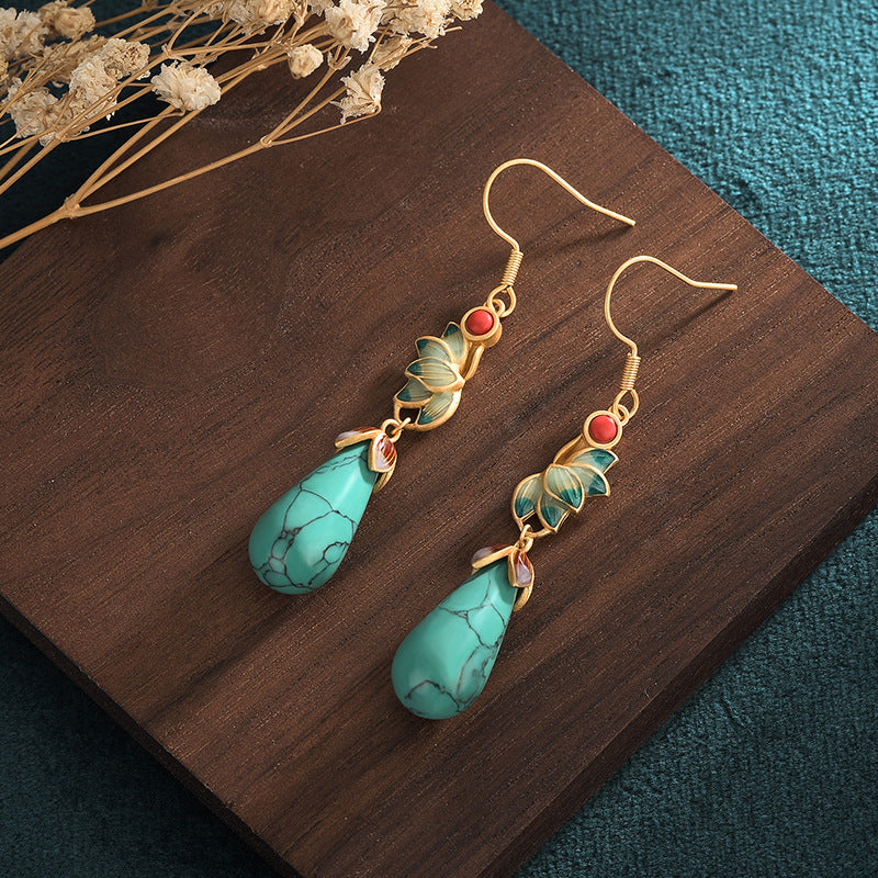 Gold Enamel Drip Glazed Imitation Turquoise Eardrops Earrings