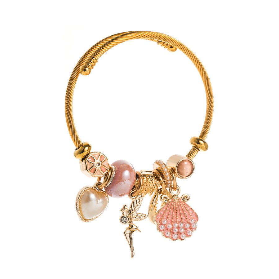 Alloy Gold Adjustable Pearl Shell Bangle Love Stainless Bracelets
