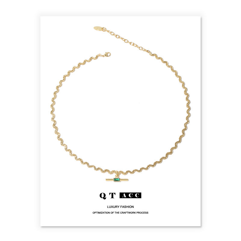 Women's Style Curved Chain Design Emerald Zircon Necklaces