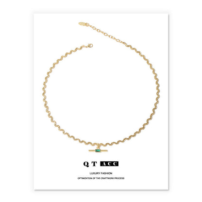 Women's Style Curved Chain Design Emerald Zircon Necklaces