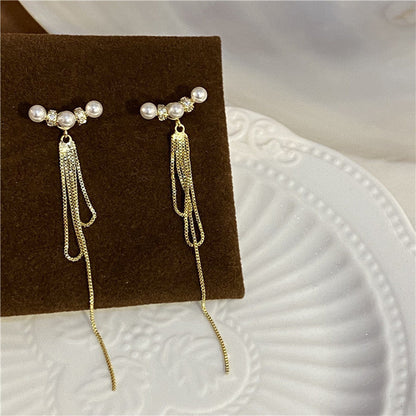 Suitable Tassel Elegant Round Pearl Long Earrings