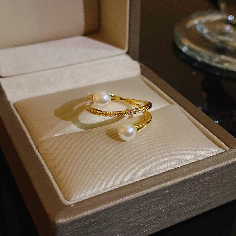 Pearl Zircon With Diamond Open Adjustable Rings