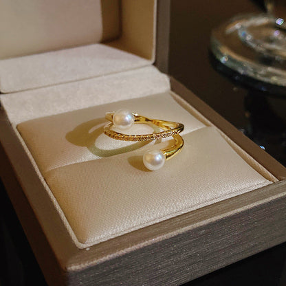 Pearl Zircon With Diamond Open Adjustable Rings