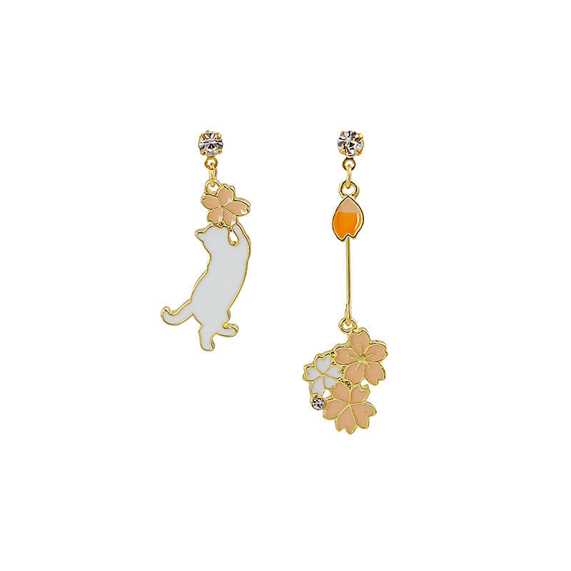 Women's Cartoon Long Asymmetric Flower Cat Fox Earrings