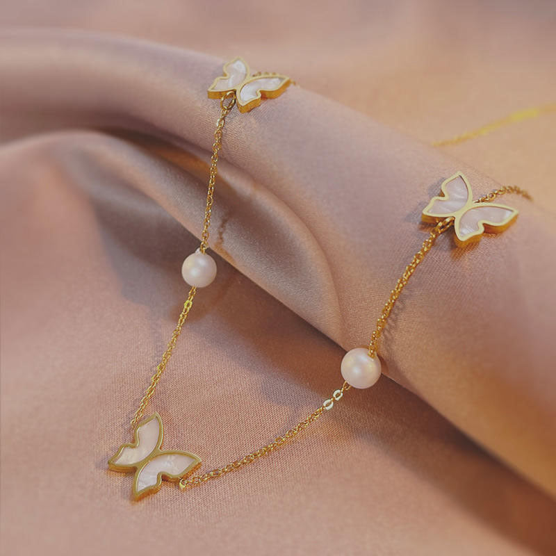 Korean Style Simple Pearl Butterfly Titanium Necklaces