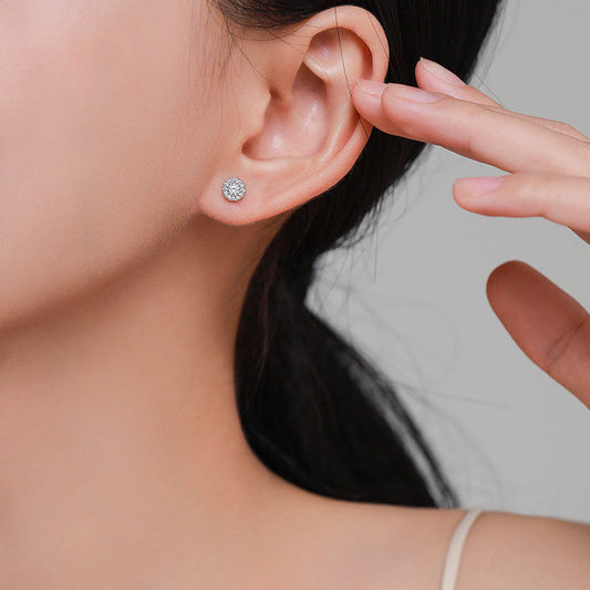 Women's Sier Diamond Round Design Delicate Simple Earrings