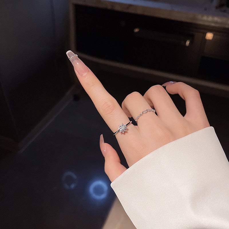 Women's Minority Design Sense Refined Zircon Flower Two-piece Set Rings