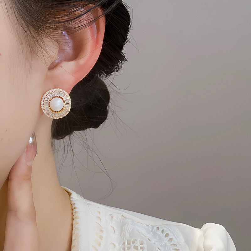 Women's Needle Personality Fashion Micro Inlaid Zircon Irregular Round Pearl Earrings