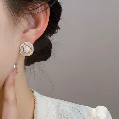 Women's Needle Personality Fashion Micro Inlaid Zircon Irregular Round Pearl Earrings