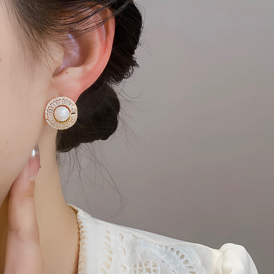 Women's Needle Personality Fashion Micro Inlaid Zircon Irregular Round Pearl Earrings