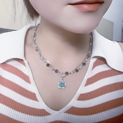 Layer Twin Blue Rose Titanium Steel Necklaces