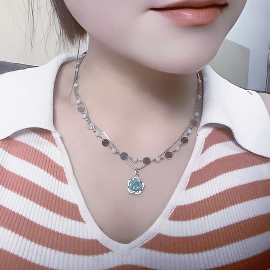 Layer Twin Blue Rose Titanium Steel Necklaces