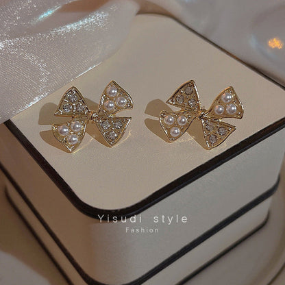 Women's Sier Bow Pearl Simple Rhinestone Fashion Earrings