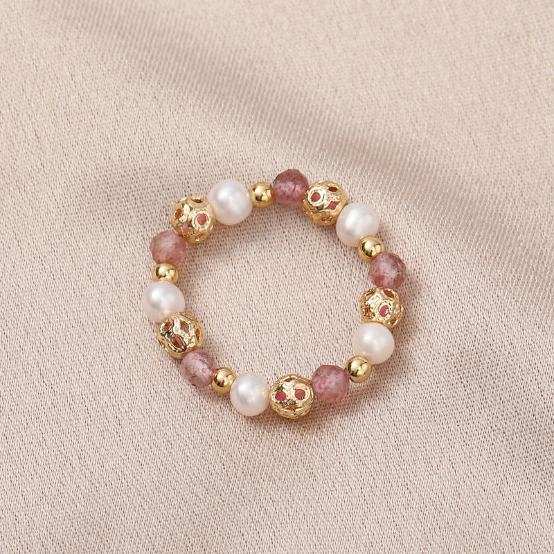Freshwater Pearl Stretch Strawberry Quartz Pink Crystal Rings