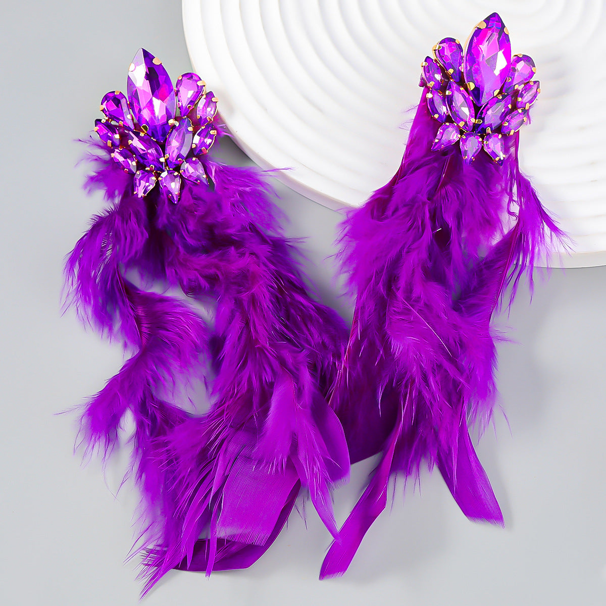 Diamond Flower Long Feather Tassel Female Earrings