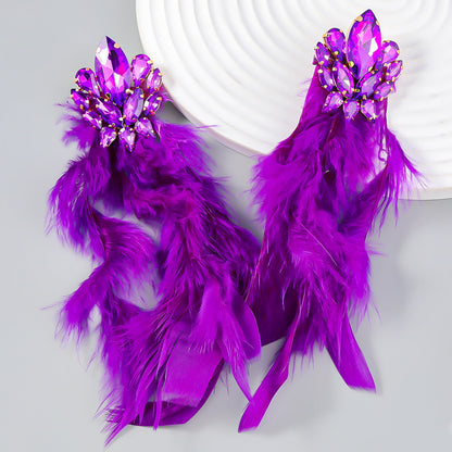 Diamond Flower Long Feather Tassel Female Earrings