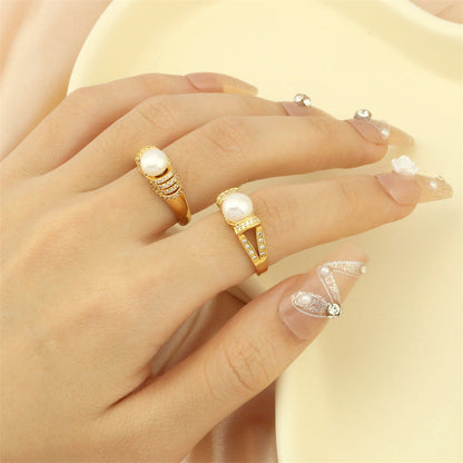 Simple Temperament Micro Inlaid Zircon Pearl Female Rings