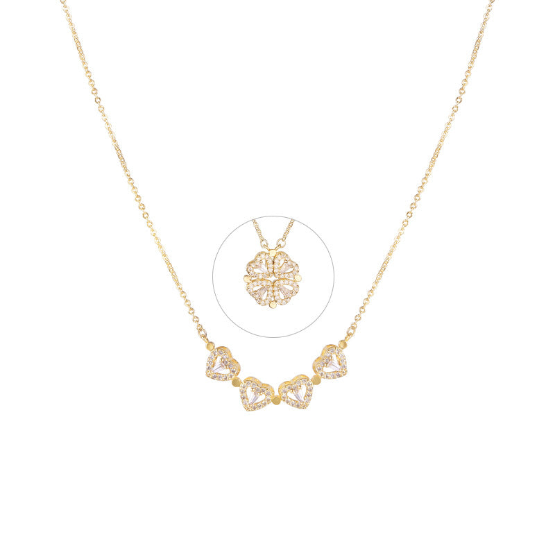 Print Open And Close Folding Four-leaf Clover Heart Necklaces