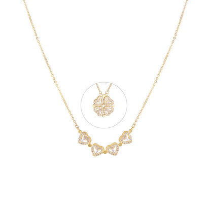 Print Open And Close Folding Four-leaf Clover Heart Necklaces