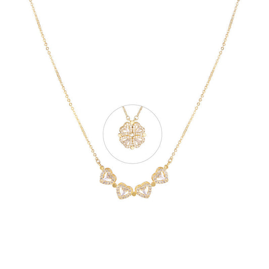 Print Open And Close Folding Four-leaf Clover Heart Necklaces