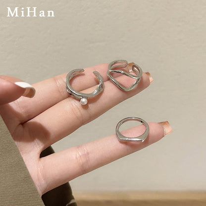 Geometric Style Pearl Three-piece Set Index Rings