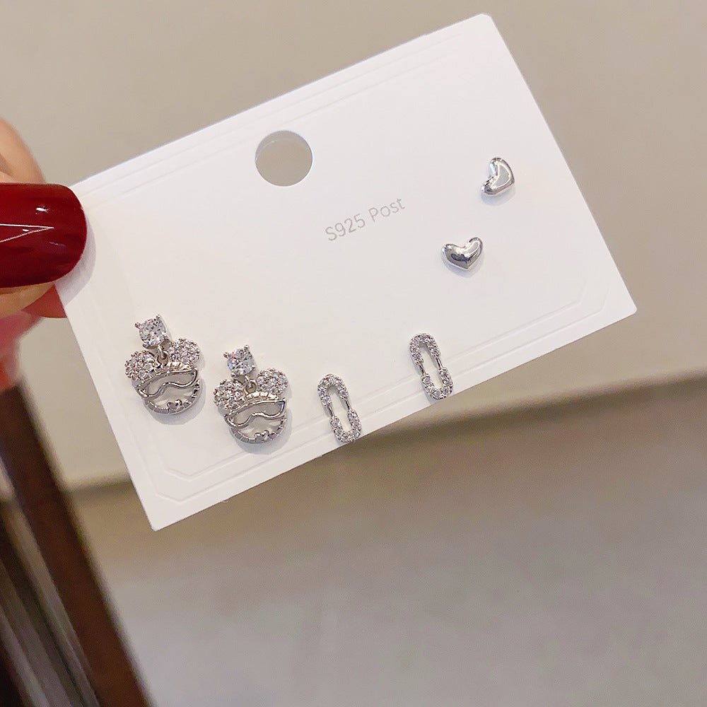 Women's Fashion Sier Set One Card Three Small Ear Needle Earrings