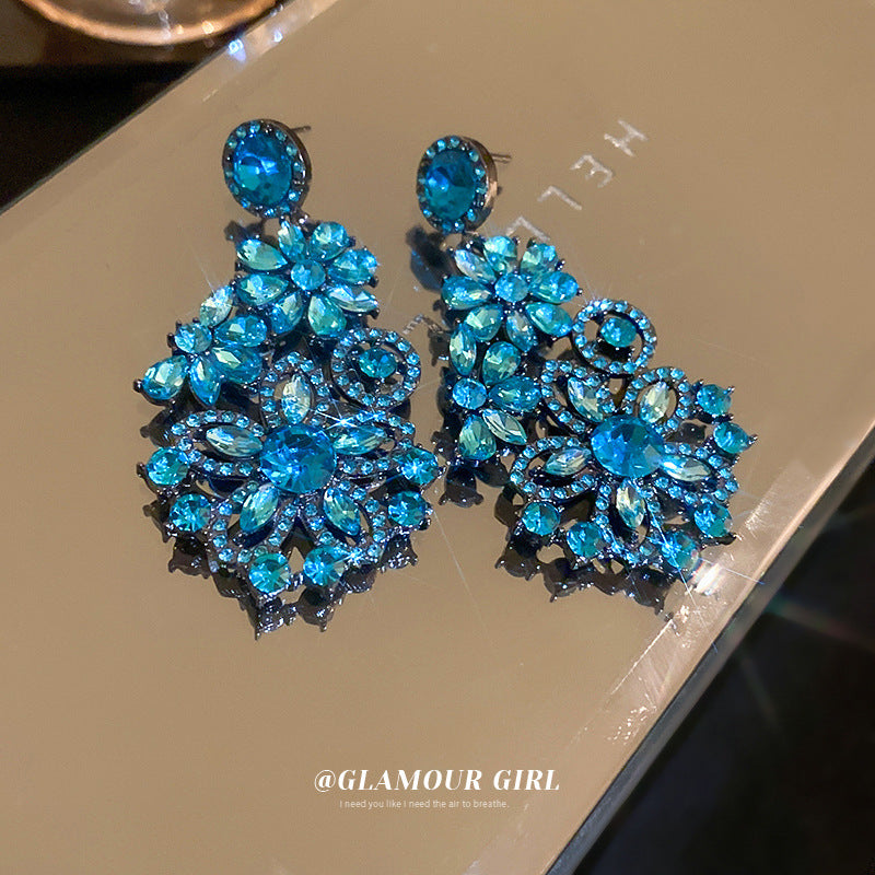 Blue Diamond Flower Exaggerated Design Vintage Earrings