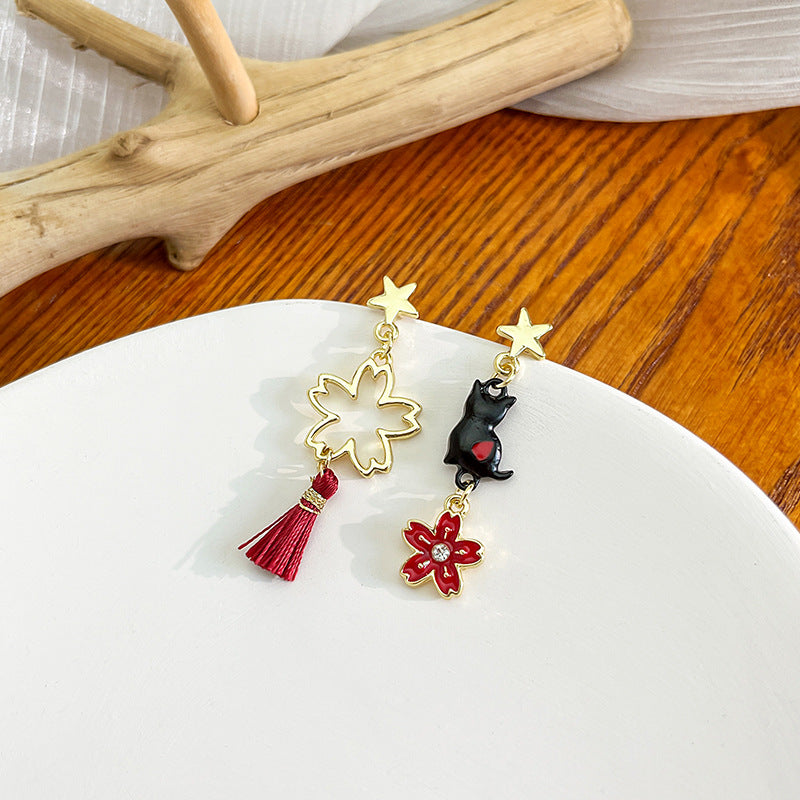Women's Cartoon Long Asymmetric Flower Cat Fox Earrings