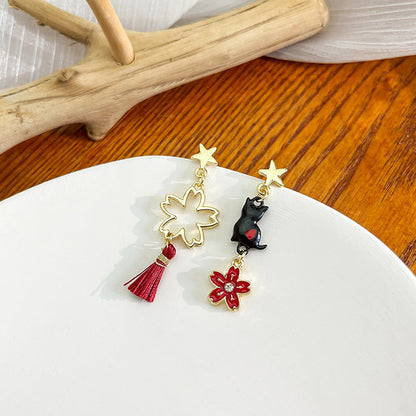 Women's Cartoon Long Asymmetric Flower Cat Fox Earrings