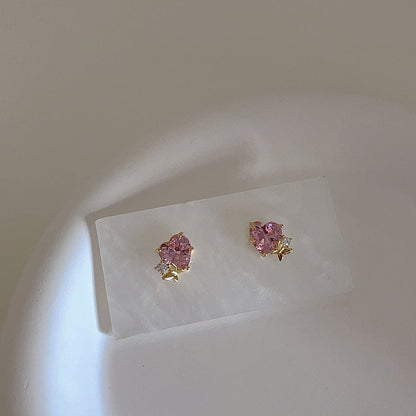 Sweet Pink Heart-shaped Zircon Female Niche Earrings