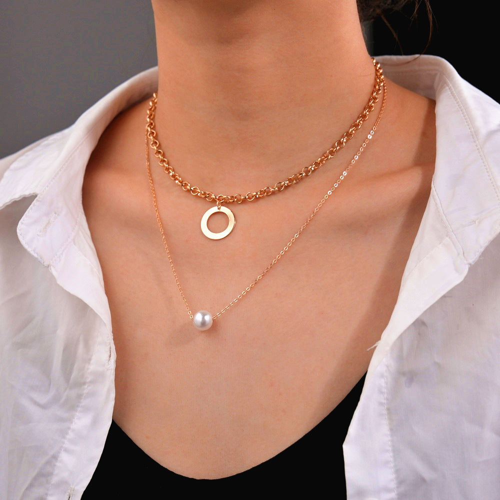 Women's Personality Geometry Hoop And Pearl Pendant Stacked Necklaces
