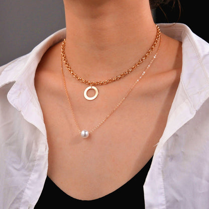Women's Personality Geometry Hoop And Pearl Pendant Stacked Necklaces