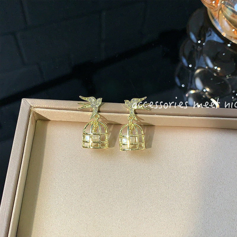 Zircon Pearl Bird Cage Creative Design Fashion Earrings