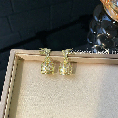 Zircon Pearl Bird Cage Creative Design Fashion Earrings