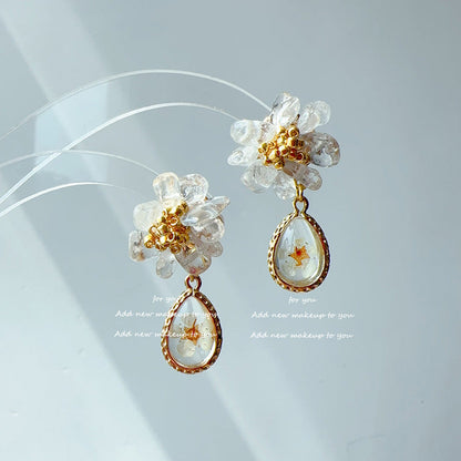 Flower Water Drop Ear French Kernel Crystal Earrings