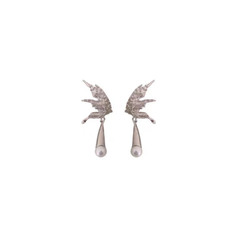Personalized Cold Style Angel Wings Pearl Pendant Earrings