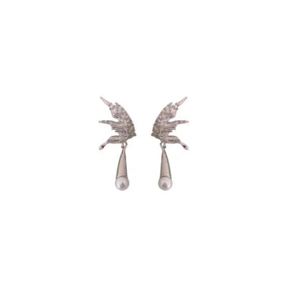 Personalized Cold Style Angel Wings Pearl Pendant Earrings