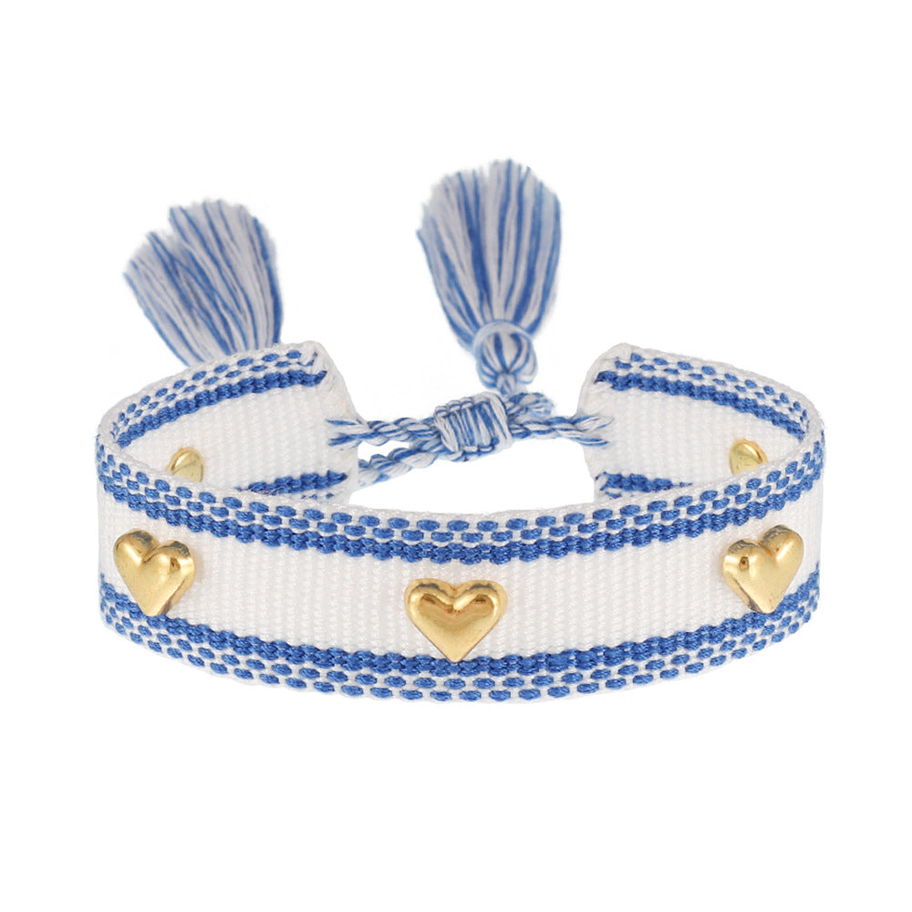 Couple Golden Heart-shaped Carrying Strap Hand-woven Tassel Bracelets