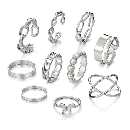 Women's Butterfly Pearl Set Sier Simple Temperament Rings