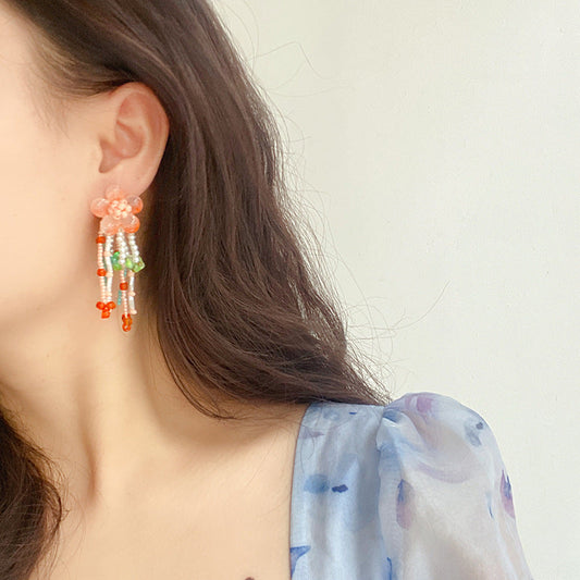 Style Elegant Peach Jade Flower Tassel Artistic Romantic Atmosphere Earrings