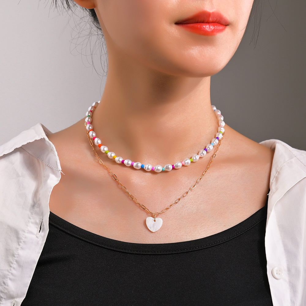 Women's Pearl Mixed Color Bead Love Pendant Double Layer Necklaces