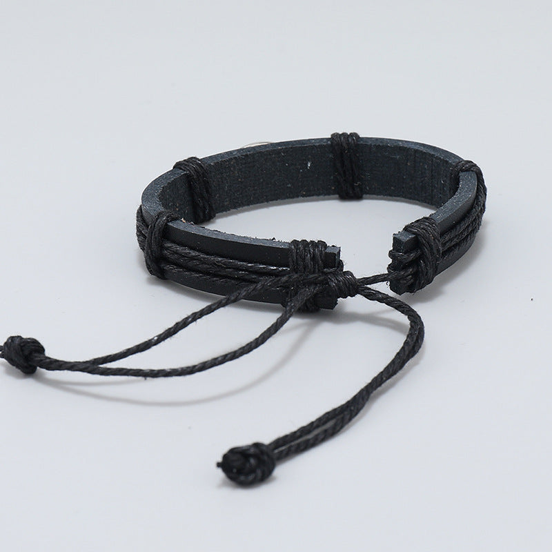 Men's Carrying Strap Hand-woven Black Leather Alloy Bracelets