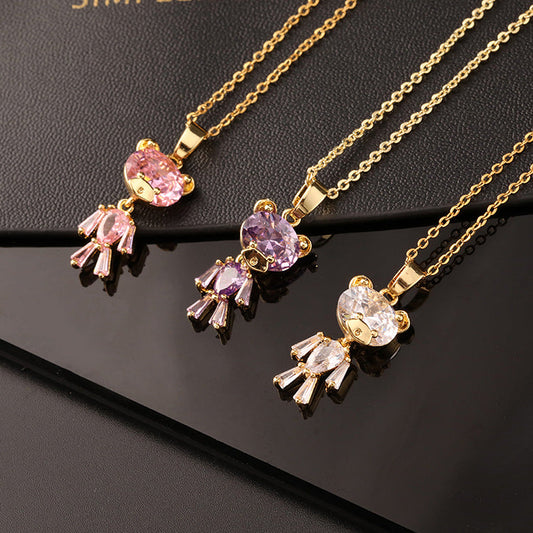 Cute Bear Design Color Zircon Fun Cartoon Female Necklaces