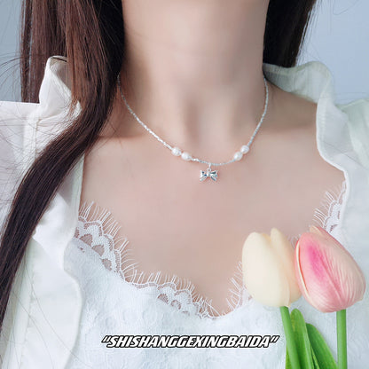 Sier Freshwater Pearl Bow Square Small Necklaces