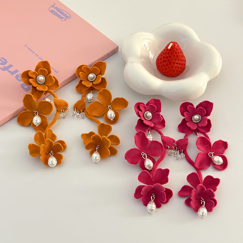 Fashionable Long Dopamine Flocking Flower Elegant Earrings